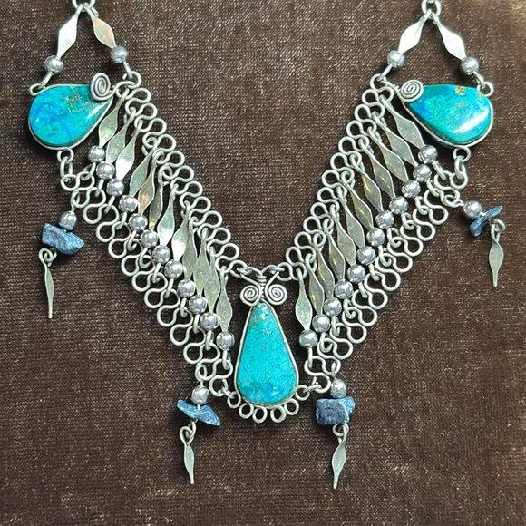 Vintage Art Deco Turquoise Metalwork Blue stone Necklace (possibly Sterling)🤩 - Picture 7 of 14